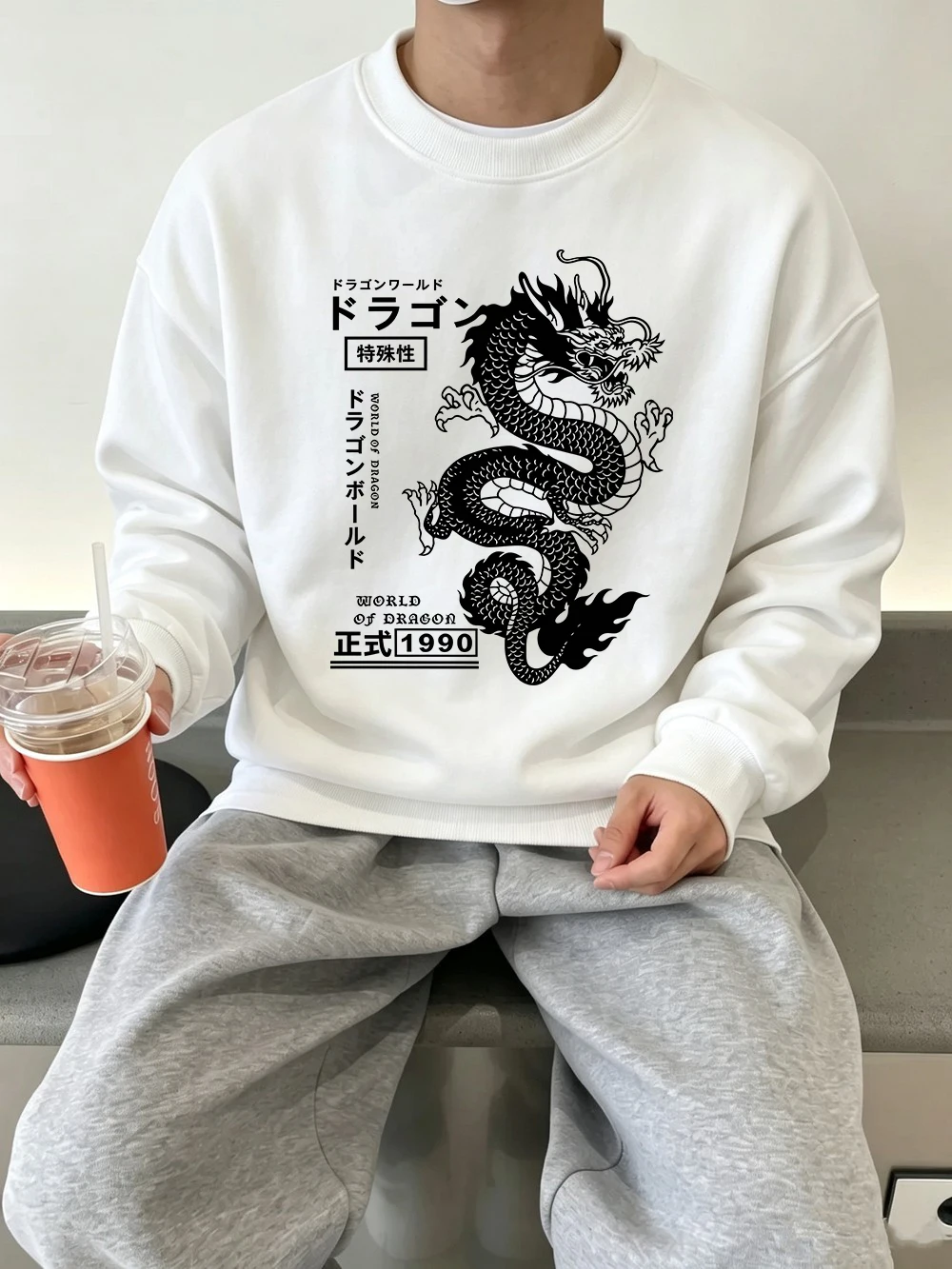 Vintage Japanese Dragon Printed Pullovers Mens Basics Loose Sweatshirts Casual Fleece Warm Hoodie Winter Crewneck Clothes