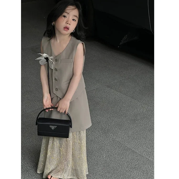 Girls Vest Skirt Set Summer New Korean Fashionable Solid Color Vest Double Layer Temperament Long Skirt 2 Piece Set