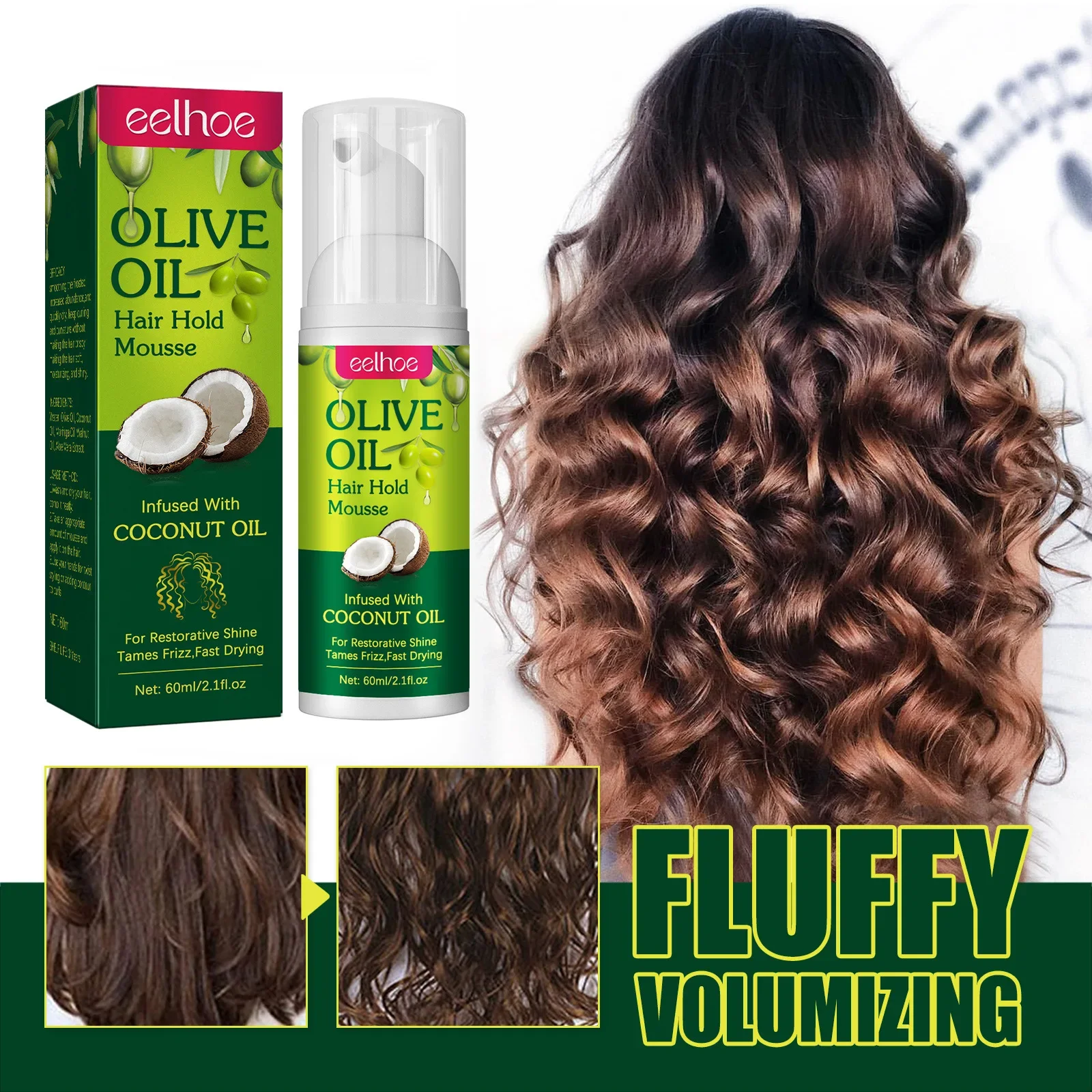 

Eelhoe Olive Oil Hair Mousse for Curly Hair, Long-Lasting Moisturizing Styling Foam, Anti-Frizz & Shine Enhancer for Wigs