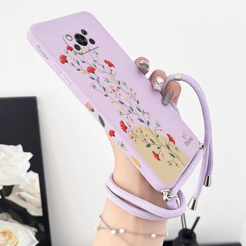 Twigs Flower Willow Crossbody Lanyard Silicone Phone Case For Xiaomi Poco M5 M4 Pro F4  X4 GT F4 GT X4 F3 X3 M3 X3 Pro C40 Cover