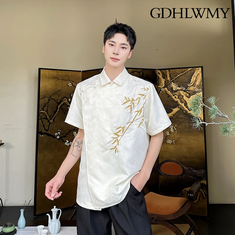 GDHLWMY Summer New Chinese Retro Jacquard Embroidered Bamboo Collar Pan Button Short sleeved Shirt for Men and Women