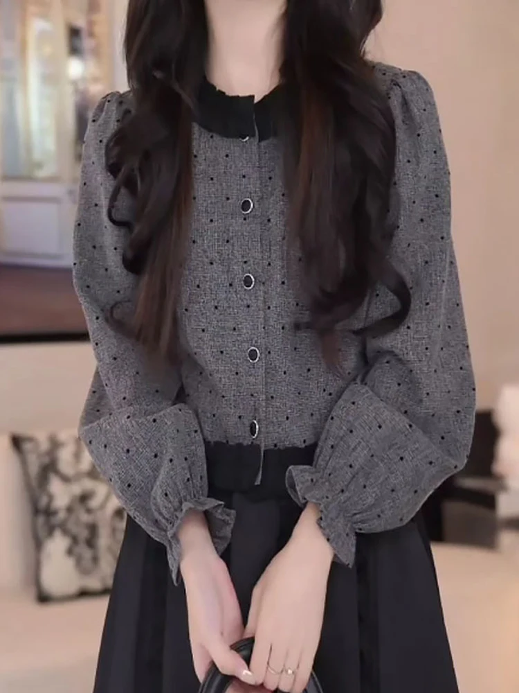 

Женская свободная универсальная блузка Ele Wooden Ruffle с рюшами, новая коллекция весна-осень, модная, повседневная, удобная, дышащая