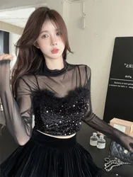 Sexy Fur Patchwork Black Sequin Camisole Vest for Women+ Y2k Mesh Long Sleeve Tops Mujer 2024 Summer New Two Piece Sets