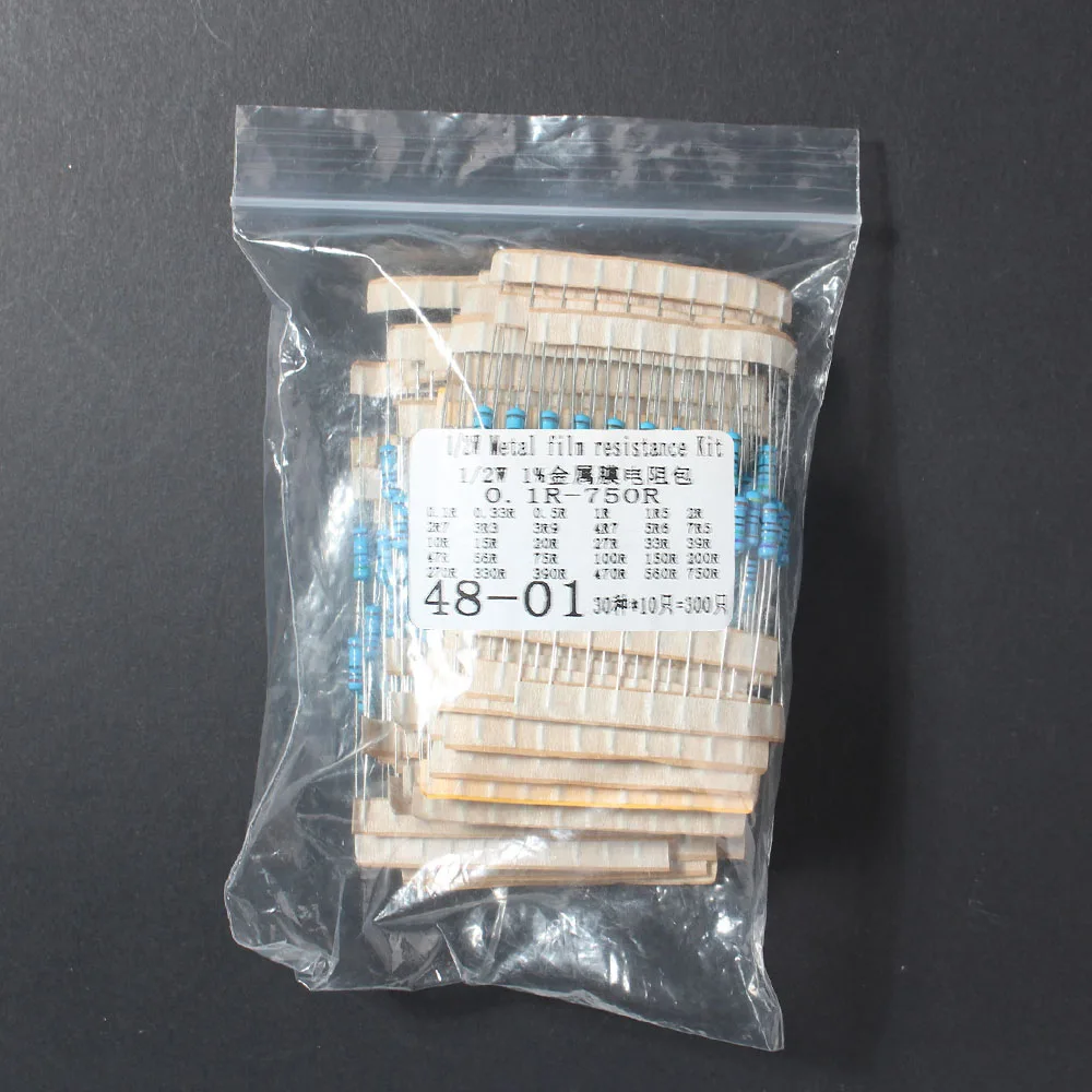 300PCS/Lot 1/2W Metal Film Resistor kit set 30 Values*10pcs resistor pack, 0.5W 0.1R~750R Set of resistors electron Kit