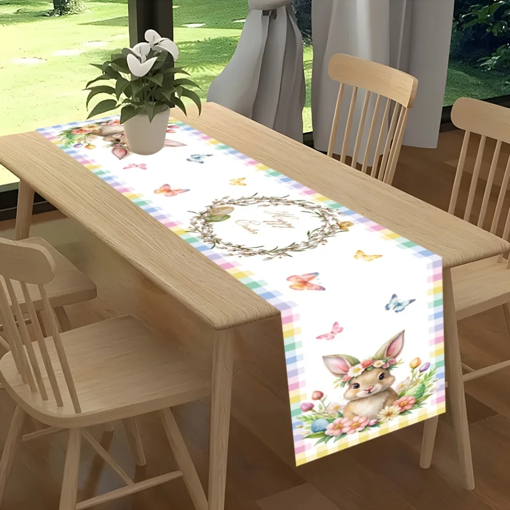 1 Stück Oster-Kranz Hasen-Tischläufer mit Karomuster, Bunter Schmetterling Blumen-Tischdekoration, Langer Stoffstreifen aus Polyester, Tischdekorationszubehör