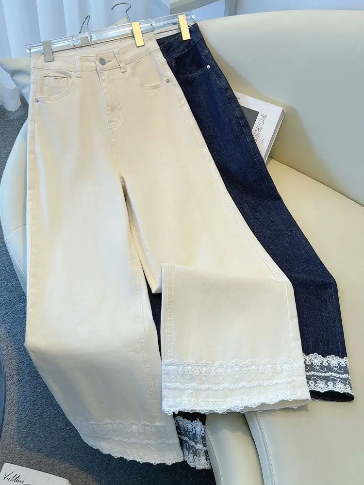 2026 nuove donne bianche a vita alta jeans a gamba larga pizzo trim pantaloni in denim vestibilità ampia primavera estate moda casual pantaloni dimagranti