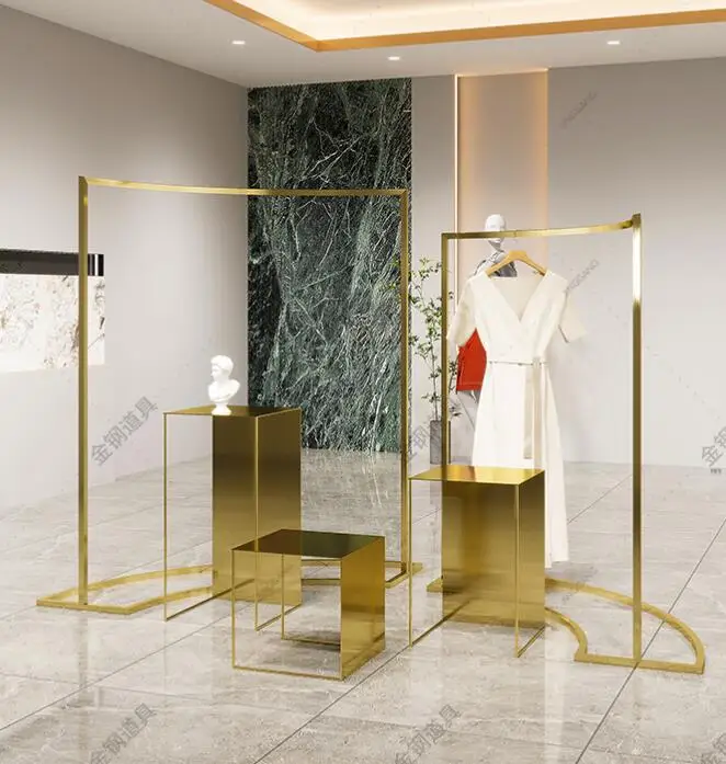 

Clothing store middle display rack table stainless steel titanium gold rack rack women's shop window display props