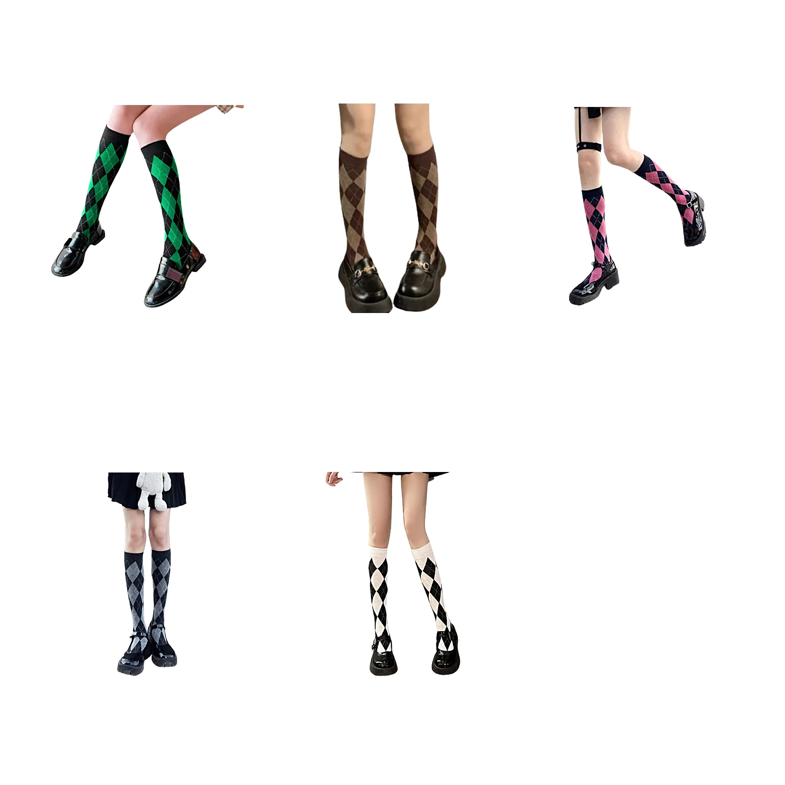 JK diamond calf socks set (1 pair each of green/coffee/pink/black/white)