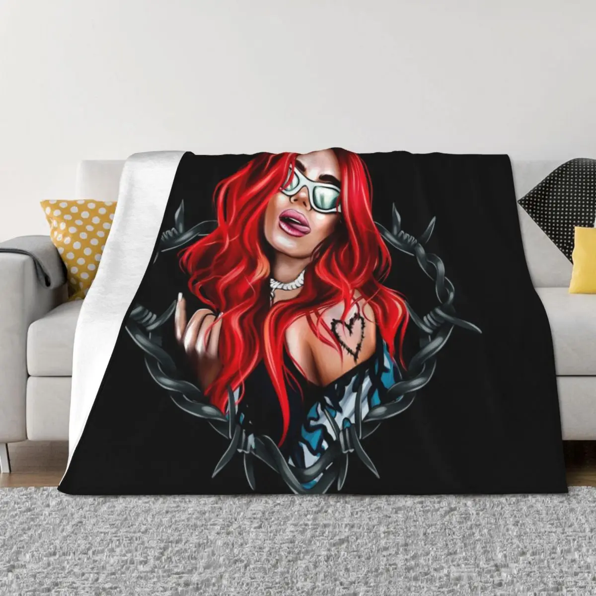 

karol g bichota and heart tattoo, Karol red Bare Wire Heart, Bichota , New look with Red Hair Il Throw Blanket Flannels Blankets