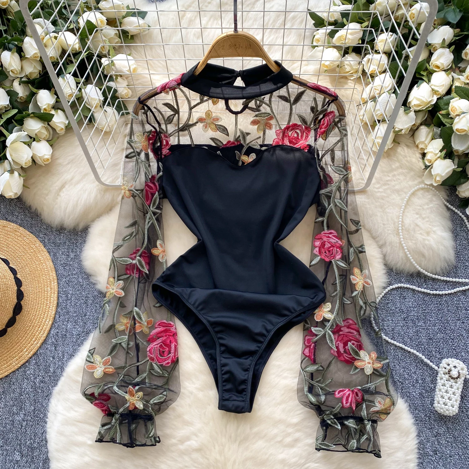 

Sexy long sleeved mesh embroidered patchwork slim fit and pure desire spicy girl base jumpsuit for women