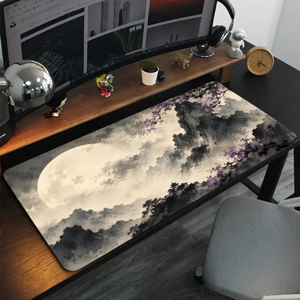 Chinese Ink Wash Mountain Purple Plum Blossom Full Moon Pavilion Art Extra Large Non-Slip Extended Gaming Mouse Pad
