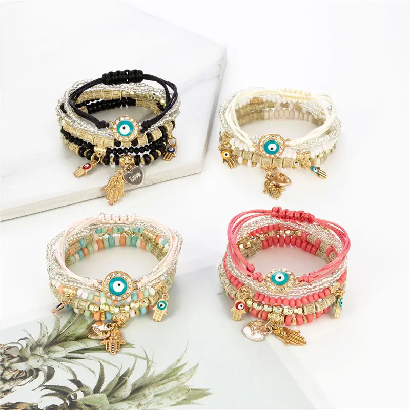 6Pcs/set Bohemian Evil Eye Bracelet Set For Women Fatima Hand Heart Charm Beaded Rope Chain Bangle Female Jewelry Gift