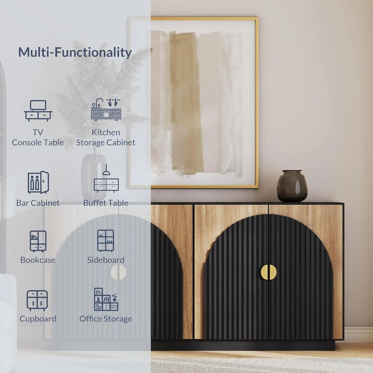 65 Inch Fluted Buffet Cabinet with Storage, Symmetrical Arc Accent Sideboard Large Console Table for Dining Room, Kitchen, and L