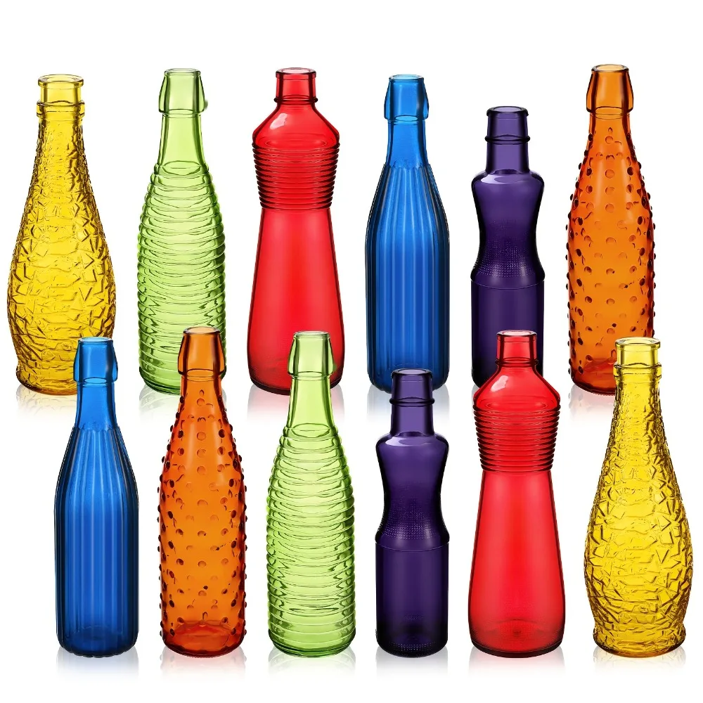 

Set of 12 Vibrant Glass Bottles, Perfect for Decorative Purposes in Gardens Or Homes, Featuring a Dark Rainbow Color And a Textured End