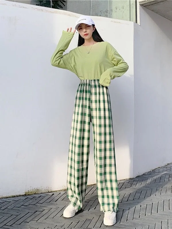 Karierte Hose mit weitem Bein Frauen Sommer lässig hohe Taille y2k Streetwear koreanische Mode Vintage Lolita Hose