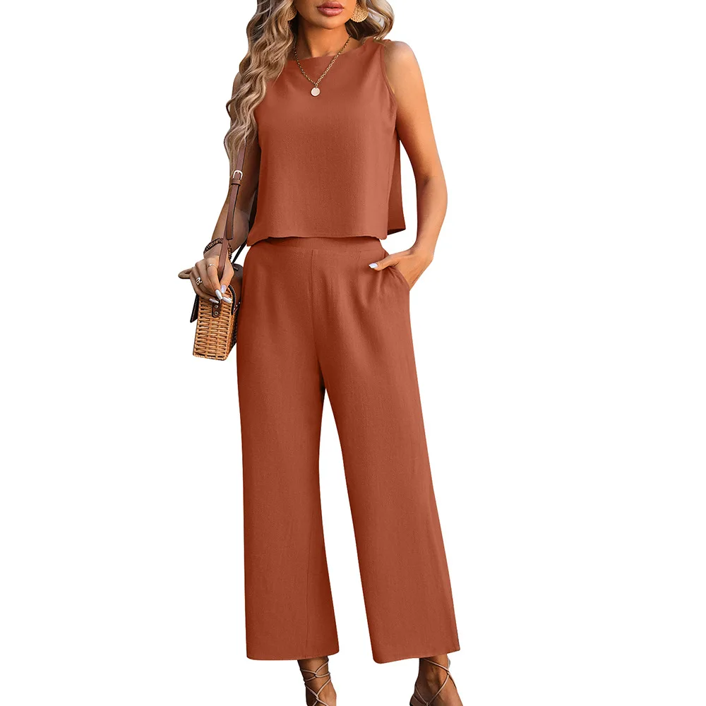 

2024 New Fashion Women Two-piece Suit Summer Sleeveless Tank Top High Waist Wide-leg Pants Women Casual Cotton Linen Outfits