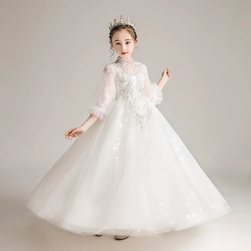

Girls' White Princess Dress2025New Little Flower Girl Dress Puffy Tulle Children's Little Host Piano Performance Dress