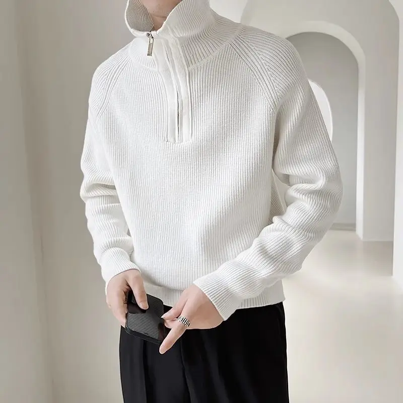 

Autumn Winter Zipper Turtleneck Men Long Sleeve Sweater Fashion Casual Oversized Inside Knitted Clothing Top Keep Warm Black