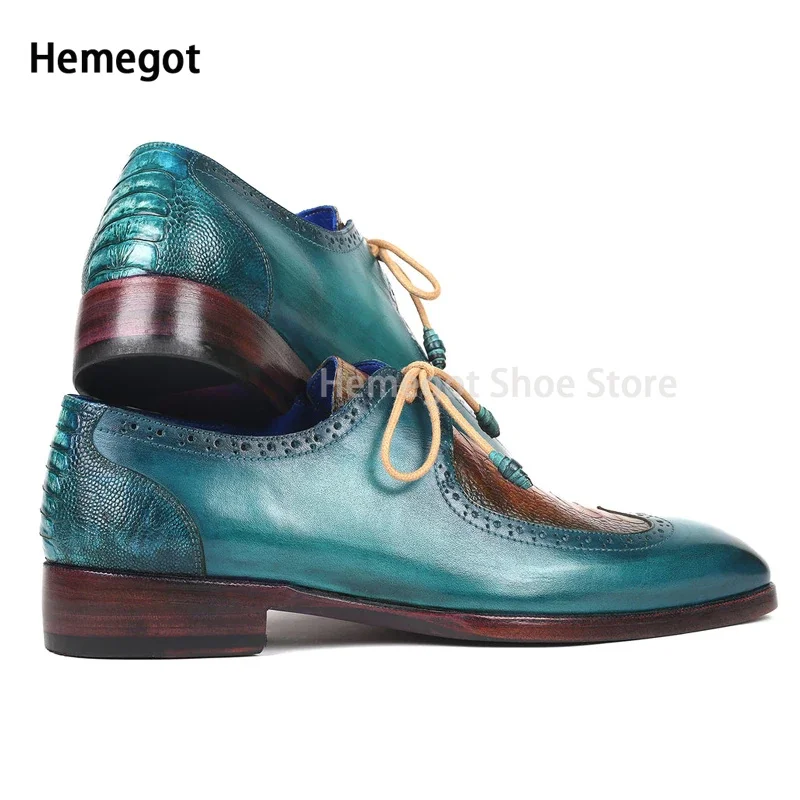 Blue Brown Mixed Color Shoes for Men Genuine Leather Pointed Toe Lace Up Daily Dress Shoes Party Vintage Fashion Men\'s Loafers