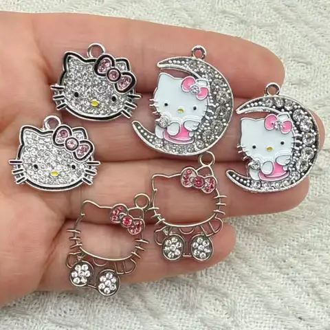 10Pcs Silver  Plated Crystal Kitty Cat Charm Pendant for Jewelry Making Bracelet Necklace Accessories DIY Craft Findings