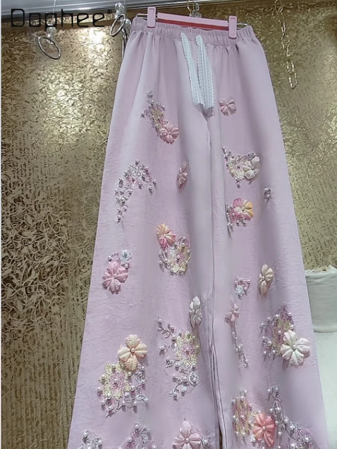 

Высококачественные сверхпрочные блестящие 3D-цветочные вышитые бисером широкие брюки элегантные милые розовые тонкие повседневные брюки с высокой талией женские