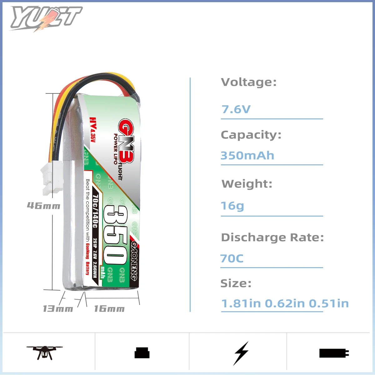 YUCT GNB 2S LiPo Batteria 350mAh LiHV 7.6V PH2.0 70C/Max140C Batteria Al Litio Per FPV Drone Quadcopter Scala 1/28 Mini RC Auto