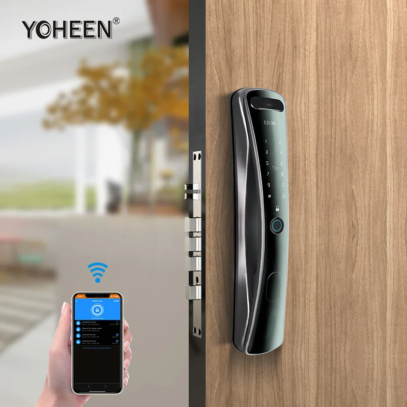 Porta de impressão digital inteligente eletrônica automática sem chave WiFi APP de segurança doméstica com câmera