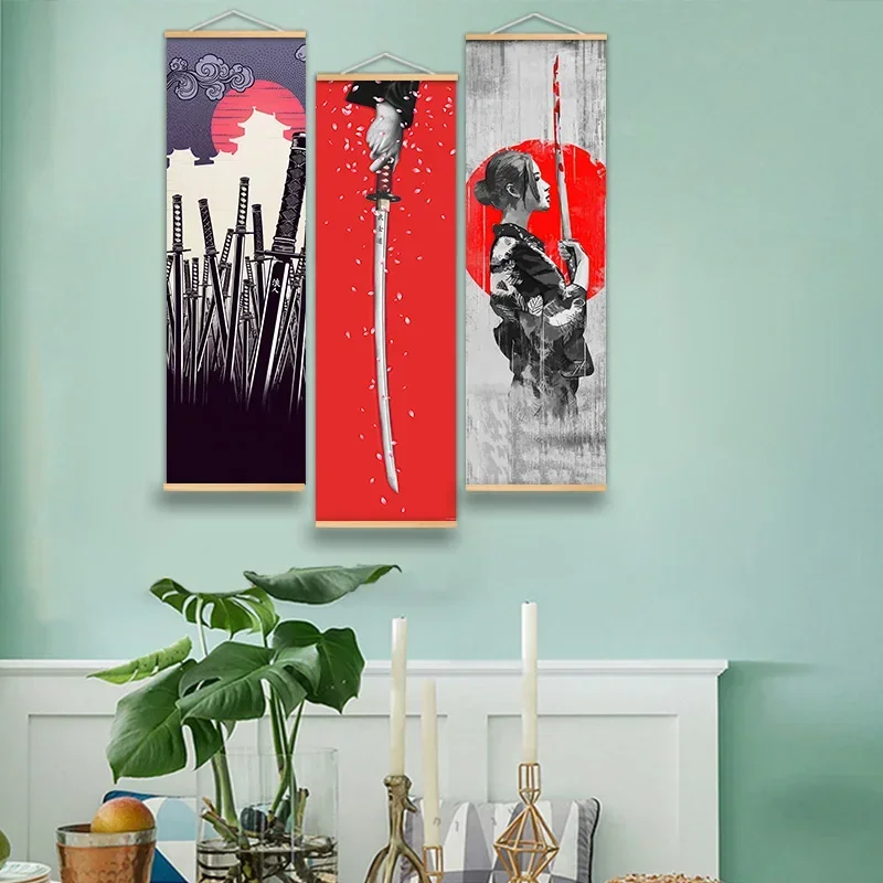 Japanese Samurai Ukiyoe Scroll poster Canvas Poster with Wooden Hanger Wall Art Living Room Bedroom Home Decor Scroll Painting