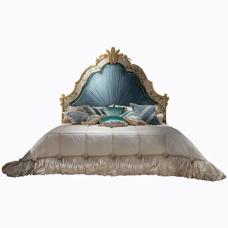 

Court Solid Wood Bed Gold Foil Carved Shell Fabric Double Bed