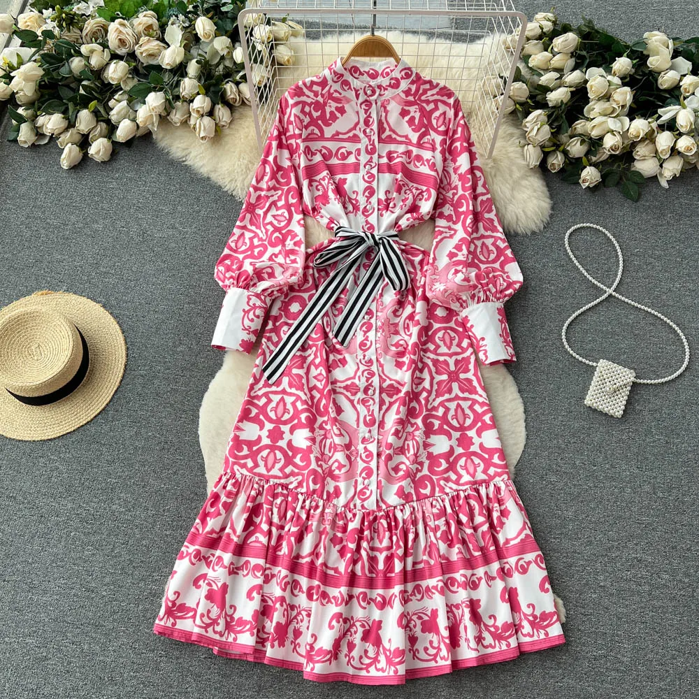 

Bohemain Style Long Dress Women's Stand Collar Lantern Sleeve Ruffles Hem Geometric Printing Sashes Maxi Party Vestidos N5794
