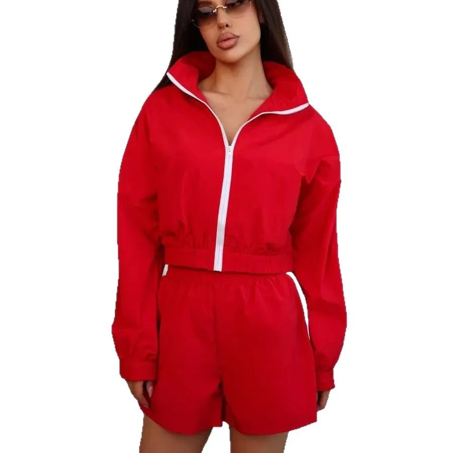 

2025 New Fashion Printed Zipper Top + Shorts Two-piece Sets Women Summer Casual Loose Striped Top Shorts Set For Women