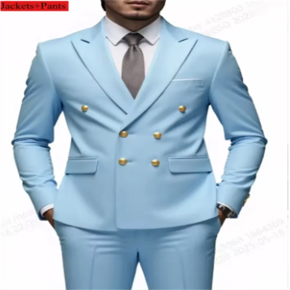

Men Double Breasted Suit Black Slim Fit High Quality Wedding Costume Party Prom Gold Button Male Suits