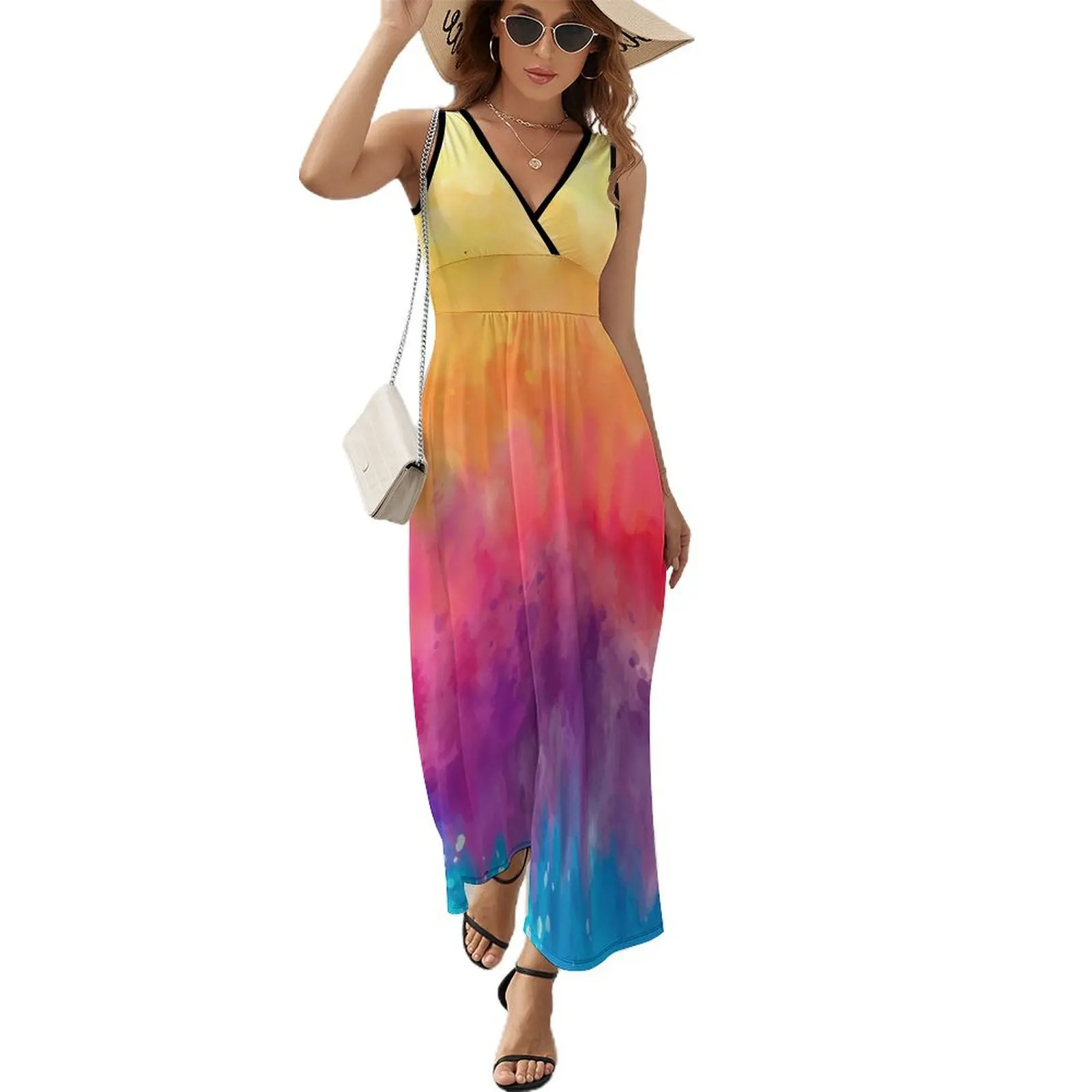 Kleur Tie Dye Jurk Vrouw Oranje Rood Elegante Maxi Jurk V Hals Street Fashion Design Boho Strand Lange Jurken