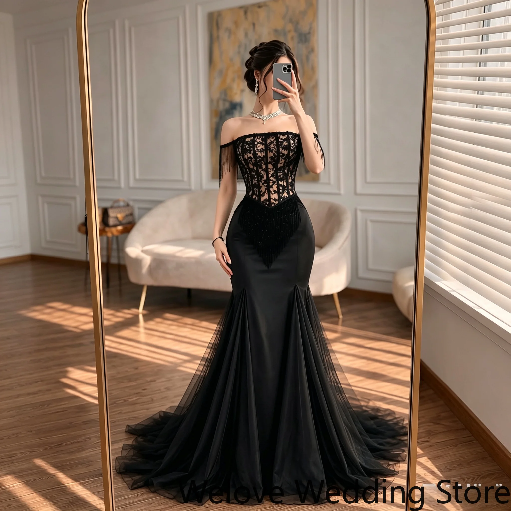 Customized Black Formal Weddin - Beaded Trim Fringe 评论和价格