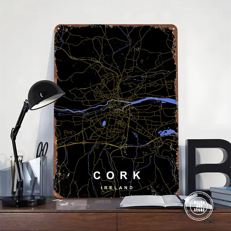 Cork City Map Tin Poster Customized Wall Art Retro Vintage Metal Signs for Fans Room Decoration Home Decorations Desk Decor Cozy