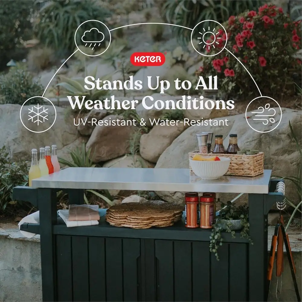 Portable Outdoor Kitchen Prep Table with Stainless Steel Top and Storage Cabinet for Grilling, Dark Grey