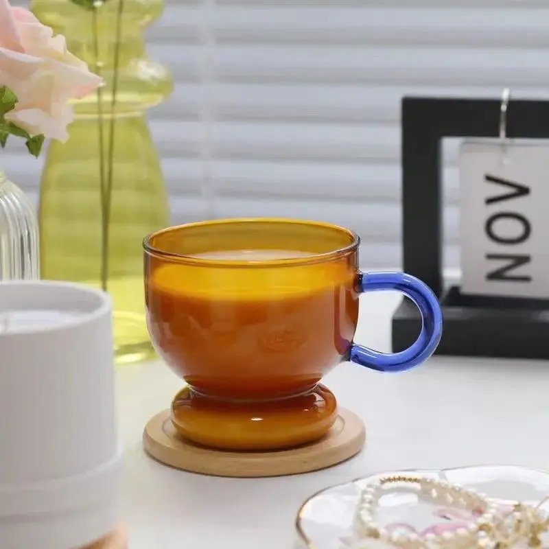 Retro Amber-Green Glass Mug with Heat-Safe Handle, Unique Mug for Pour-Over Coffee Lovers, Rare Find for Minimalist Homes