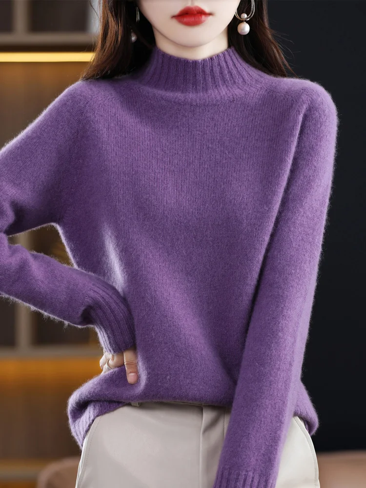 Women’s Autumn Winter Pullover Cashmere Sweater 100% Merino Wool Mock-neck Pure Colors Knitwear Female Clothing Basic Top