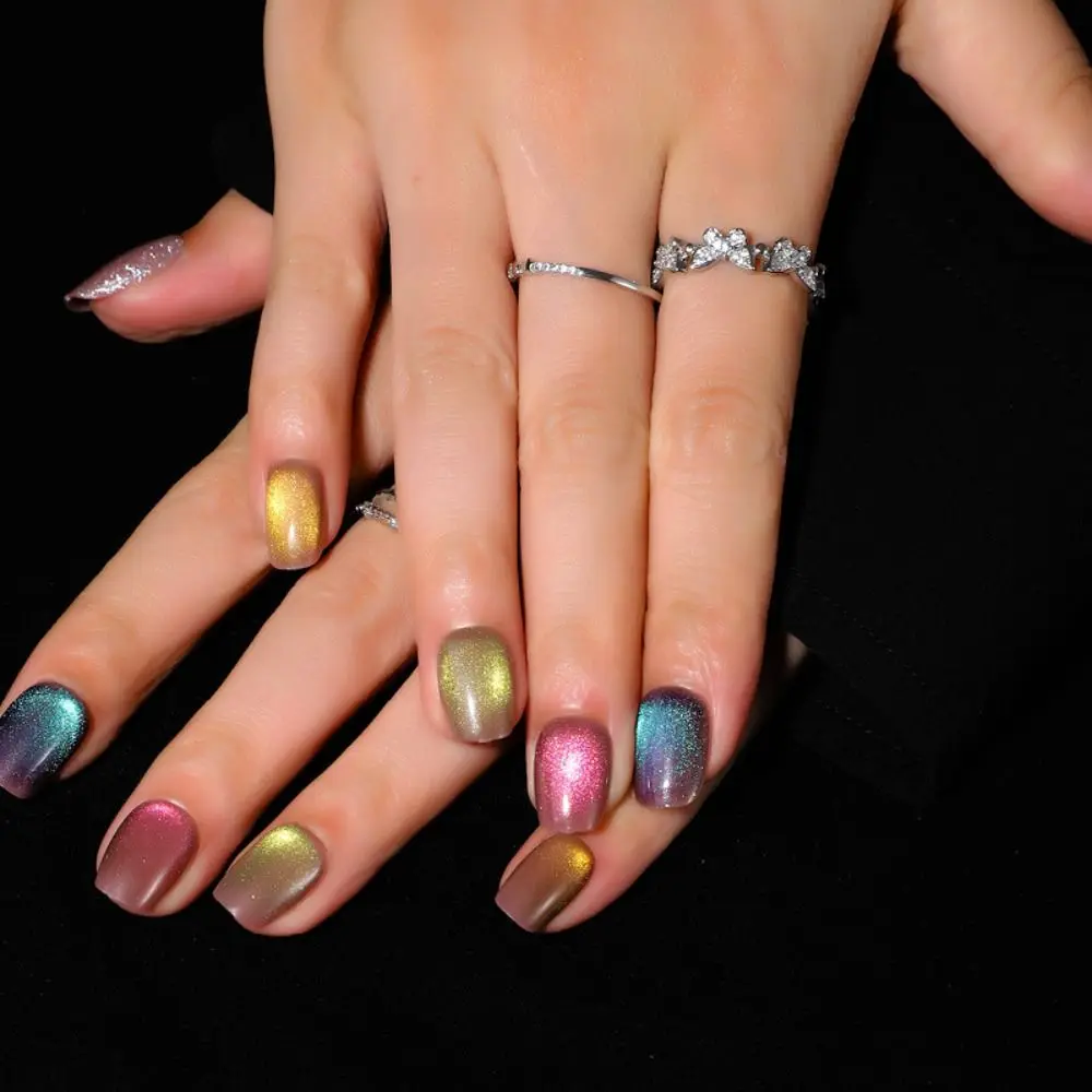24pcs/box Cat Eye Manicure Press on Nails Reusable Glitter Full Cover Fake Nails Short Stick on Nails DIY Nails Art