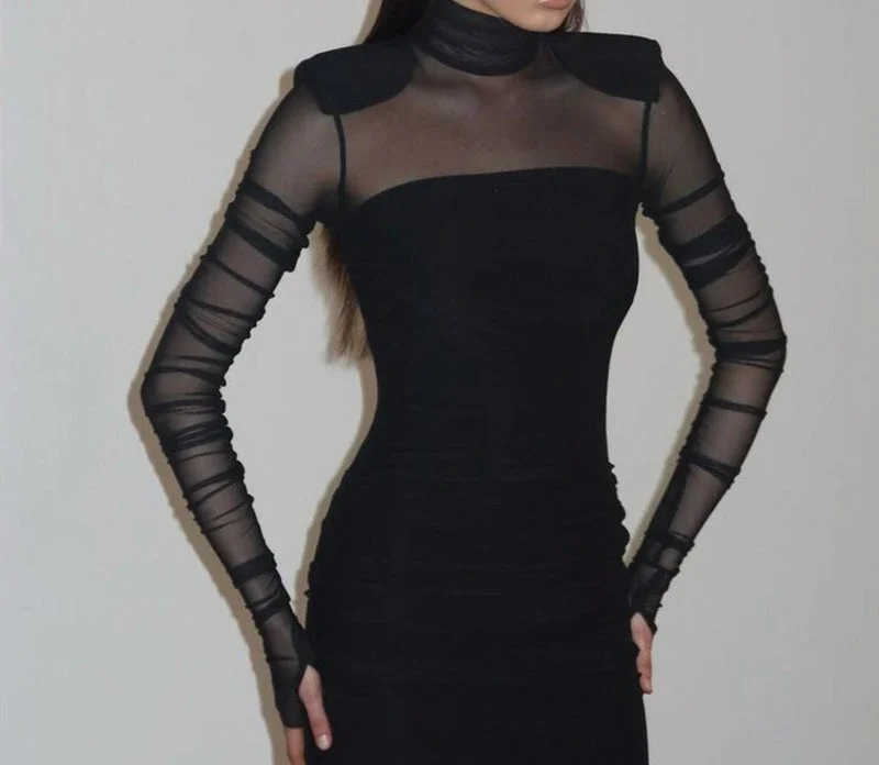 

Temperament Women's Semi High Neck Mesh Splicing Slim Fit Sexy Solid Color High-end Long Dress for Women