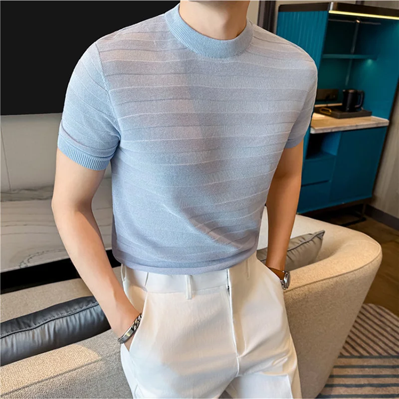 Summer Linen Blended Thin Knit Short Sleeve T-shirt New Men Round Neck Fashion Light Luxury Casual Ice Silk T-shirt Tops M-3XL