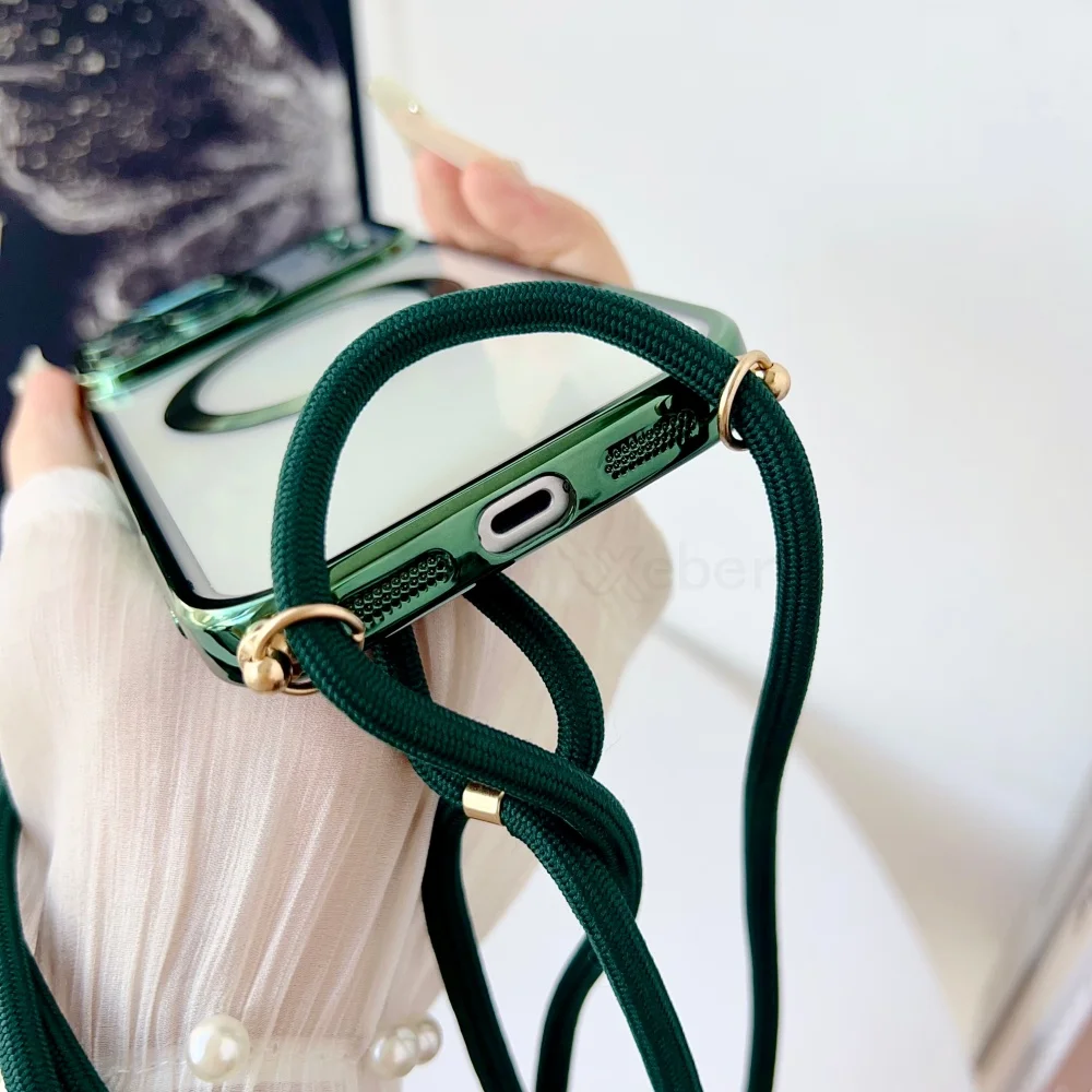Plating Clear Magnetic For Magsafe Wireless Charging Cases For iPhone 17 Pro Max 16 15 14 12 13 Crossbody Lanyard Necklace Cover