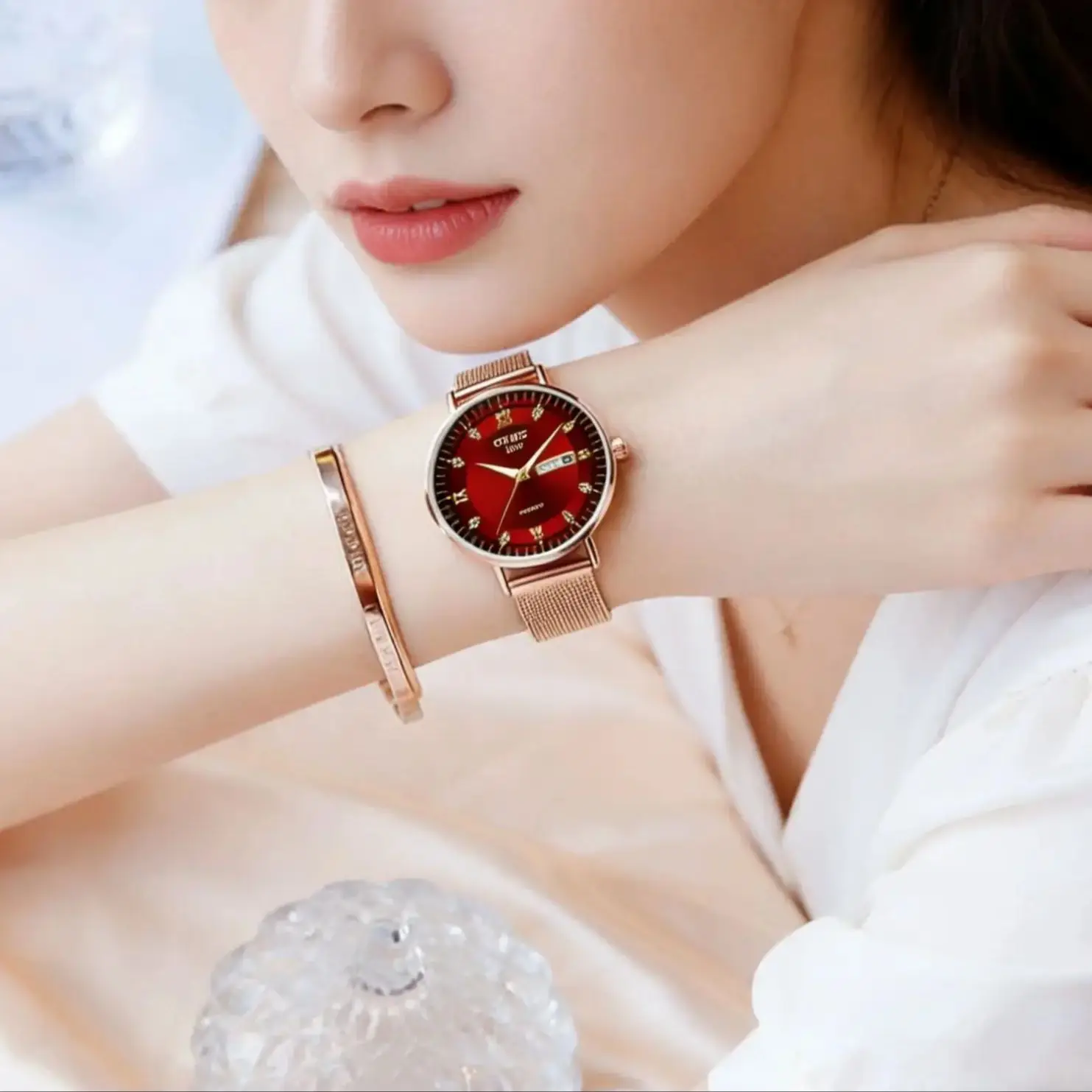 Stainless steel mesh belt 520, suitable for various occasions, waterproof week display, ladies anniversary gift.