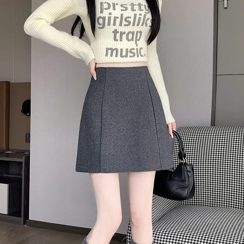 تنورة صوفية للخريف والشتاء، تنورة قصيرة جديدة عالية الخصر وبسيطة وعصرية ومتعددة الاستخدامات