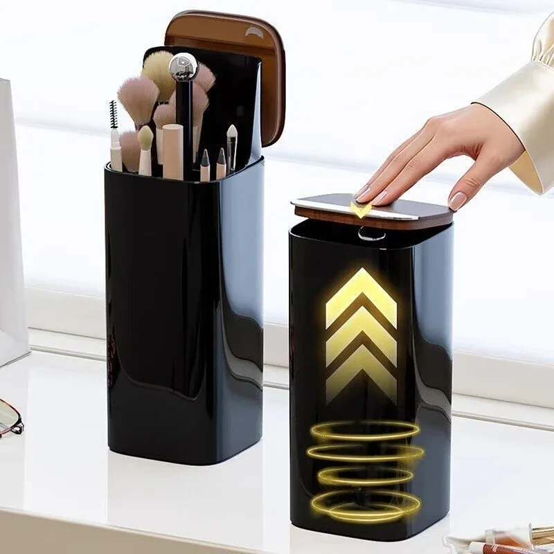 Storage Bucket Wood Grain Base Dustproof Storage Bucket Rotating Clear Cover Makeup Brush Holder Desktop Cosmetic Tool Organizer