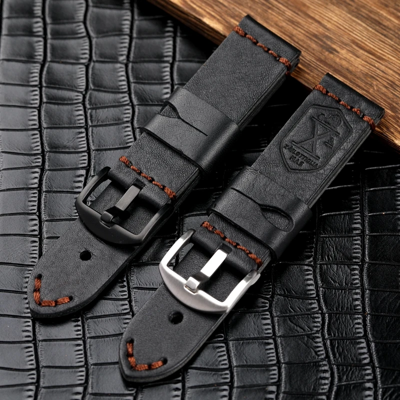 Handmade Italian Vegetable Tanned Leather Watchband Black 20 22 24 26MM Men Thickened Vintage Bracelet For Soldiers Strap