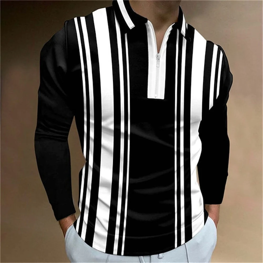 2024 Simple Stripe Print Mens Polo Shirt Fashion High Street Lapel Golf T-Shirt Men Tops Outdoor Casual Long Sleeve T-Shirt Man