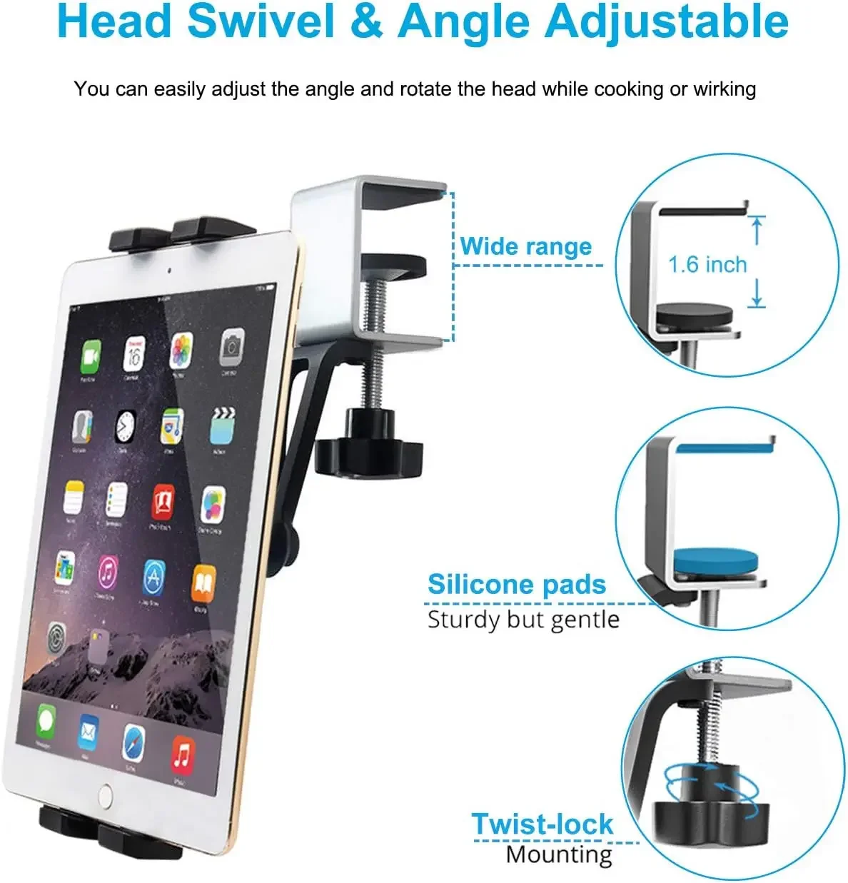 Kitchen Cabinet Tablet Mount Stand for 4-13'' Tablet & Phone Holder Stand Metal Tablets Cellphone Clamp Holder for IPad Air Pro