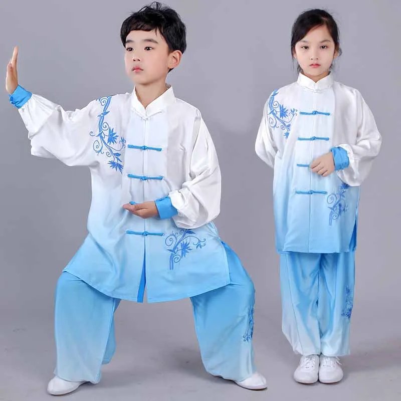 Children Tai Chi Clothing Chinese Tradition Wushu Outfit Tang Suit Fashion Gradient Kung Fu Uniform Long Sleeve Shirt&Pants 2PCS