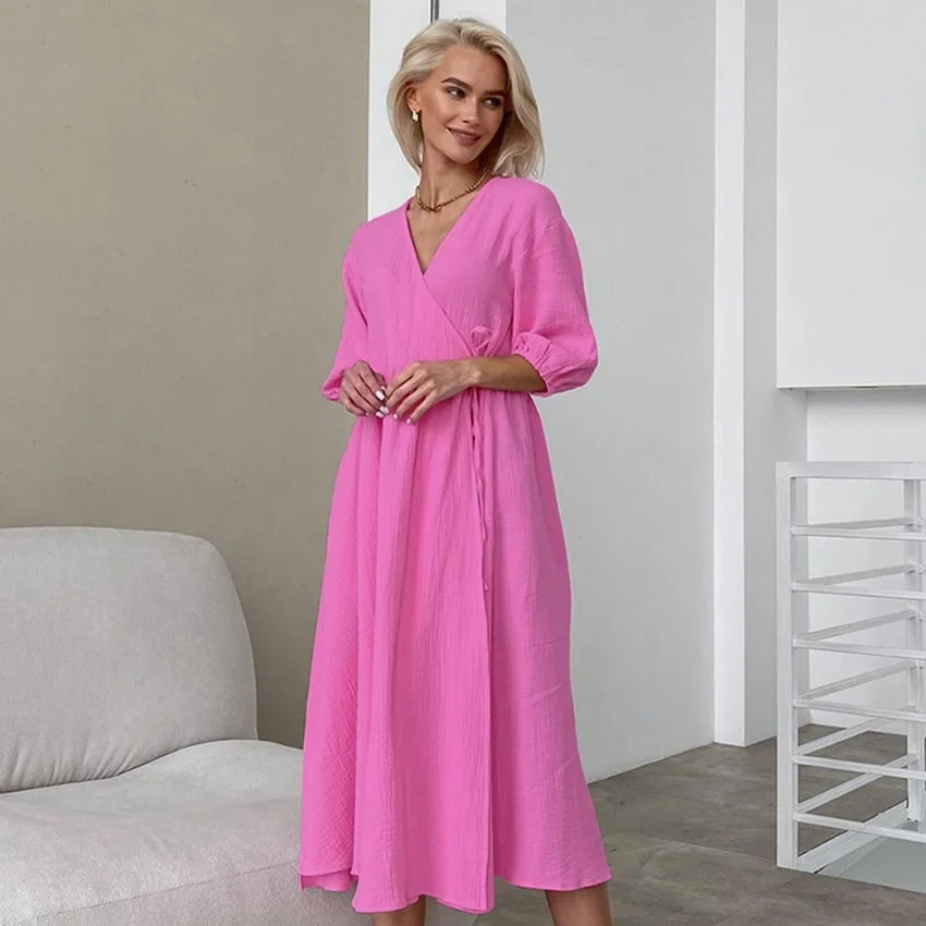 Summer Women Tricolor Nightgown All Cotton Half Bishop Sleeves Sexy V-necks Home Nightwear Lace Fold Skin Friendly Night-clothes